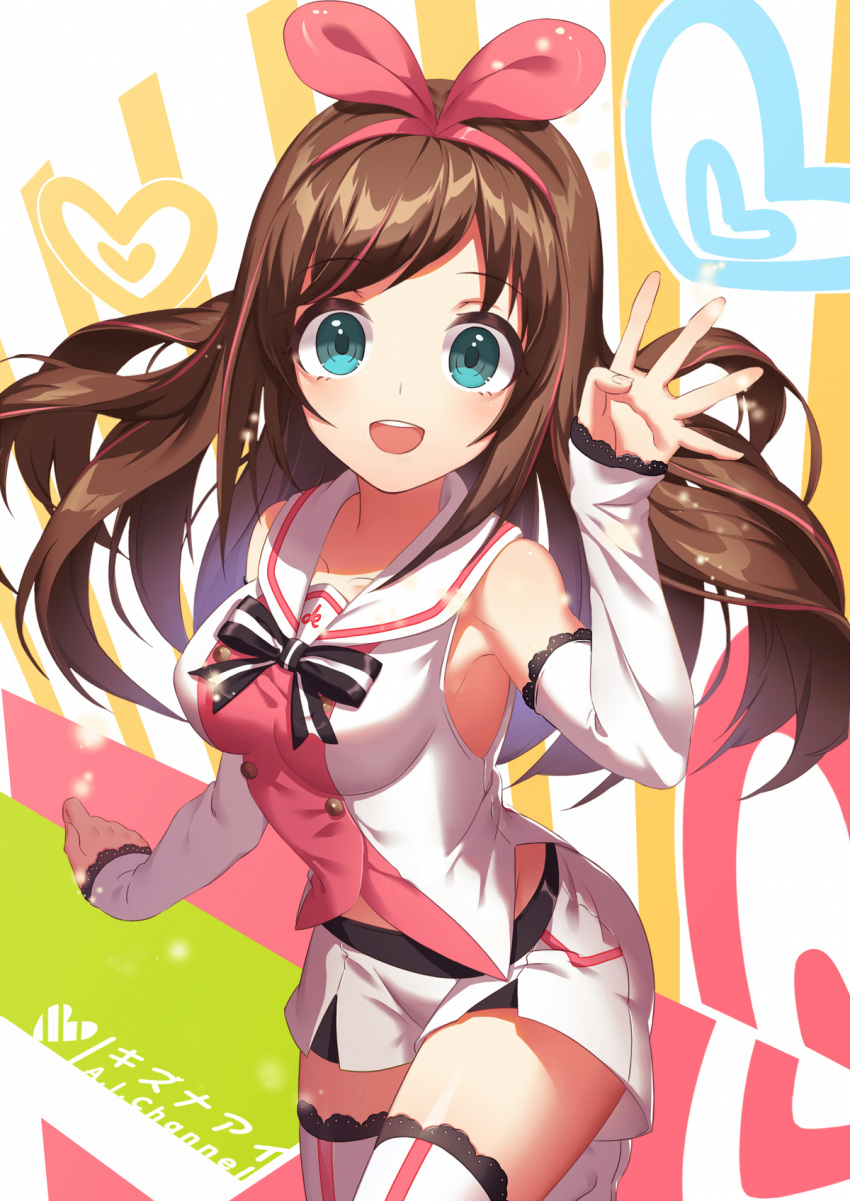 1girl :d a.i._channel aqua_eyes armpit_peek armpits bangs bare_shoulders bow breasts brown_hair collarbone commentary_request cowboy_shot detached_sleeves eyebrows_visible_through_hair hair_bow hairband hand_up highres hiroshiko_(restart) kizuna_ai knee_up long_hair looking_at_viewer medium_breasts miniskirt multicolored_hair open_mouth pink_bow pink_hair pink_hairband round_teeth sailor_collar school_uniform serafuku shirt skirt smile solo standing standing_on_one_leg streaked_hair teeth thigh-highs white_legwear white_shirt white_skirt