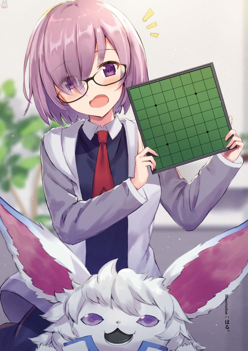 1girl animal artist_name black-framed_eyewear black_dress blush dress eyebrows_visible_through_hair fate/grand_order fate_(series) fou_(fate/grand_order) glasses hair_over_one_eye head_tilt highres holding jacket mash_kyrielight necktie open_clothes open_jacket open_mouth pink_hair red_neckwear short_hair solo violet_eyes