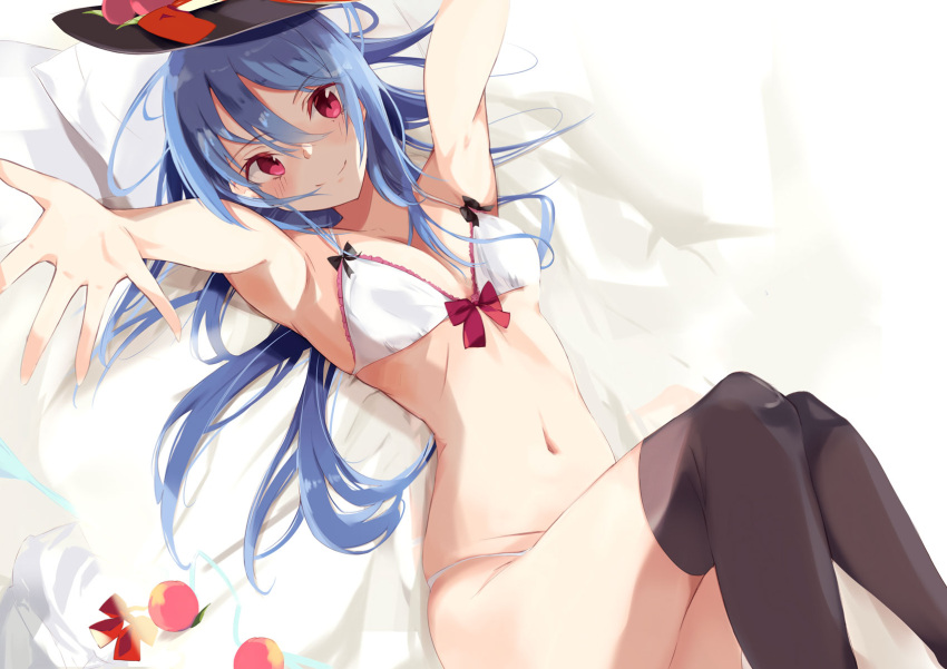 1girl bare_arms bed_sheet bikini black_hat black_legwear blue_hair breasts cleavage food fruit hat highres hinanawi_tenshi knees_together_feet_apart knees_up looking_at_viewer medium_breasts navel outstretched_arms peach pillow pink_eyes small_breasts smile solo stomach swimsuit tetsurou_(fe+) thigh-highs touhou white_bikini