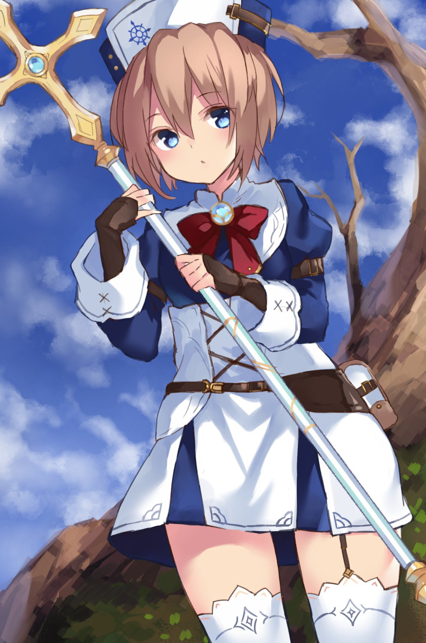 1girl :&lt; belt_pouch blanc blancpig_yryr blue_eyes bow bowtie brown_hair clouds cloudy_sky cowboy_shot day dress four_goddesses_online:_cyber_dimension_neptune garter_straps hat highres holding holding_staff looking_at_viewer neptune_(series) outdoors red_neckwear short_hair sky staff thigh-highs white_legwear