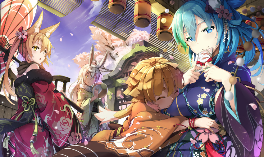 4girls ^_^ absurdres ahoge animal_ears ball bangs bare_shoulders bell black_scarf blonde_hair blue_eyes blue_hair blue_kimono blue_sky blurry breasts brown_kimono card cherry_blossoms chestnut_mouth closed_eyes closed_mouth clouds colored_eyelashes colored_tips commentary_request dark_skin day depth_of_field falling_petals floral_print flower fox_ears fur-trimmed_kimono fur_collar fur_trim gradient_sky green_kimono hair_between_eyes hair_flower hair_ornament half-closed_eyes highres holding holding_ball holding_umbrella hug japanese_clothes jie_laite jingle_bell kanzashi kimono large_breasts leaning_on_person light_particles light_rays long_hair long_sleeves looking_at_viewer looking_back multicolored_hair multiple_girls nengajou new_year obi off_shoulder open_mouth orange_kimono oriental_umbrella original outdoors petals pink_flower print_kimono purple_sky rabbit_ears red_kimono red_ribbon ribbon rose_print sash scarf shade shiny shiny_hair sidelocks sky smile standing straight_hair sunlight tassel temari_ball thick_eyebrows tree tsurime twintails umbrella white_flower white_hair wide_sleeves wind wristband yellow_eyes