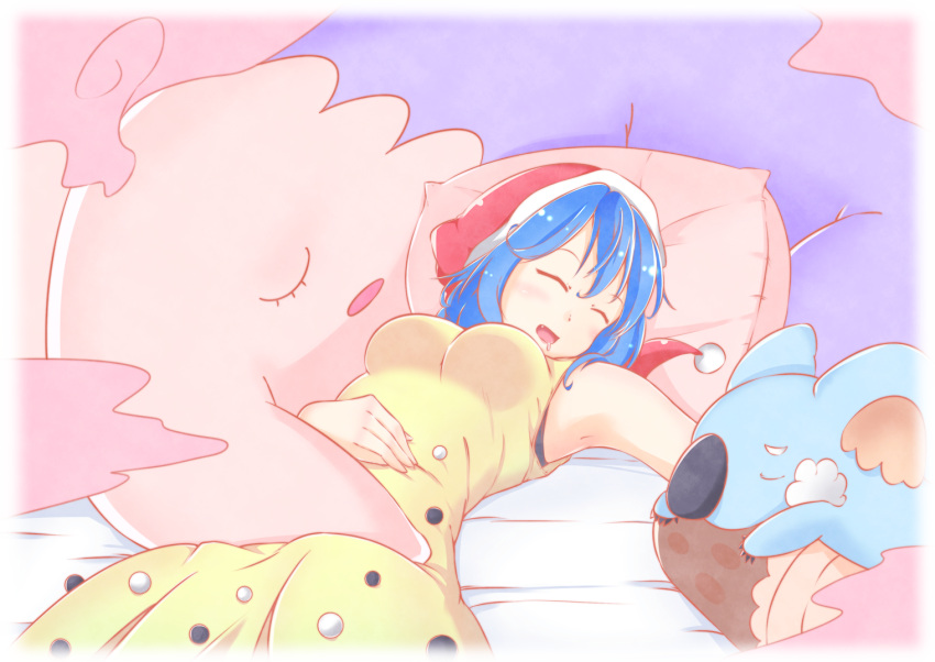 1girl alternate_costume armpits bare_arms blue_hair blush_stickers closed_eyes crossover doremy_sweet dress drooling fang hair_between_eyes hand_on_own_stomach hat komala lying musharna nightcap on_back on_stomach open_mouth pillow pokemon pokemon_(creature) pom_pom_(clothes) red_hat shibiria sleeping sleeveless sleeveless_dress smile touhou trait_connection yellow_dress