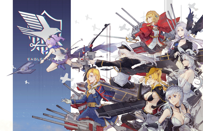 6+girls aiming azur_lane bangs bare_shoulders belfast_(azur_lane) bikini_top black_bikini_top black_choker black_jacket blonde_hair blue_eyes blue_hair blue_jacket bow_(weapon) braid breasts cannon cape chains character_request choker cleavage closed_mouth collar commentary_request cowboy_shot elbow_gloves eyebrows_visible_through_hair flight_deck gloves grin hair_ornament hair_over_shoulder hat highres holding holding_sword holding_weapon illustrious_(azur_lane) jacket kuroduki_(pieat) lance large_breasts long_hair long_sleeves machinery maid metal_collar military military_uniform multiple_girls navel parted_lips polearm purple_hair sash shirt short_hair smile sun_hat sword uniform waist_cape weapon white_gloves white_shirt