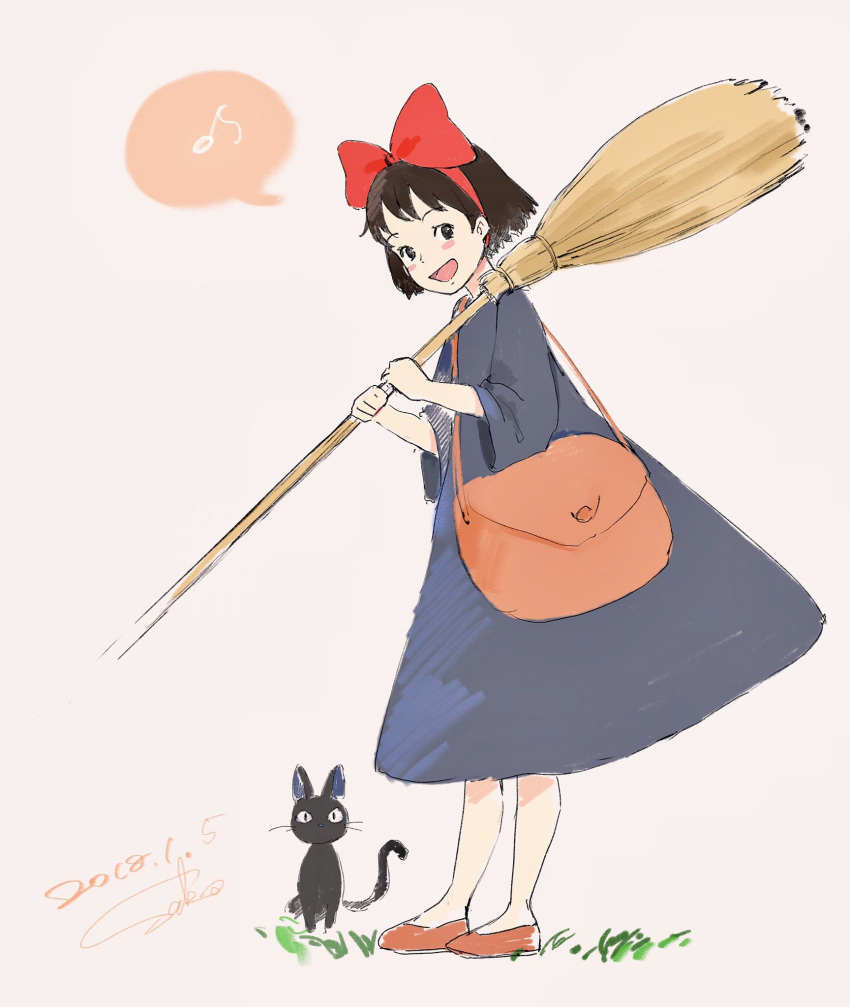 1girl :d bag black_cat blue_dress blush_stickers bow broom brown_hair cat commentary_request dated dress from_side hair_bow hairband highres holding jiji_(majo_no_takkyuubin) kiki long_sleeves looking_at_viewer looking_to_the_side majo_no_takkyuubin musical_note open_mouth over_shoulder red_bow red_footwear sako_(user_ndpz5754) shoes short_hair shoulder_bag signature smile spoken_musical_note standing