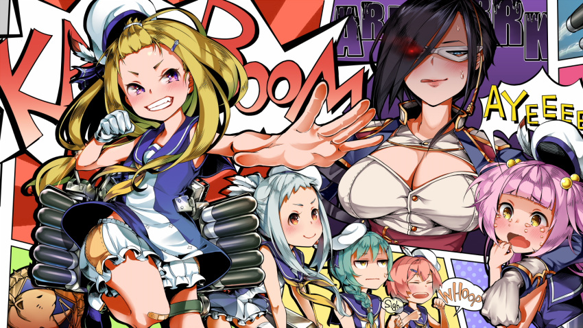 6+girls :d ark_royal_(azur_lane) aulick_(azur_lane) azur_lane bare_shoulders beaver beret black_hair blonde_hair blush braid breasts charles_ausburne_(azur_lane) chiku_(gesu) cleavage commentary_request dress eyebrows_visible_through_hair finger_licking foote_(azur_lane) gloves green_hair hair_bobbles hair_ornament hair_over_one_eye hair_over_shoulder hairclip hat hat_feather large_breasts licking long_hair multiple_girls neckerchief nose_blush open_mouth pink_hair sailor_collar sailor_dress short_hair side_braid sleeveless smile spence_(azur_lane) sweatdrop tears thatcher_(azur_lane) violet_eyes white_gloves yellow_eyes