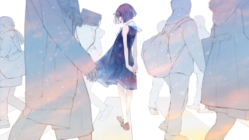 1girl arms_behind_back bare_arms bare_shoulders blue_dress brown_footwear commentary_request crosswalk dress highres interlocked_fingers looking_at_viewer looking_back original purple_hair sailor_collar sailor_dress shoes short_hair solo_focus sousou_(sousouworks) standing