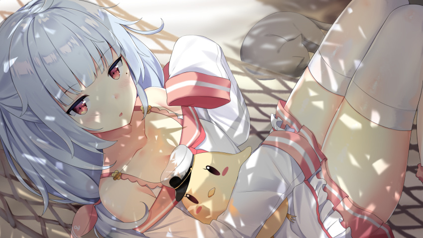 1girl ahoge azur_lane bird blue_hair blush_stickers bow cat chick collarbone eyebrows_visible_through_hair hair_bow hammock hat highres kaetzchen long_hair long_sleeves looking_at_viewer lying mole mole_under_eye nicholas_(azur_lane) object_hug off_shoulder on_back open_mouth red_eyes shade sleeves_past_wrists solo stuffed_animal stuffed_toy thigh-highs white_legwear