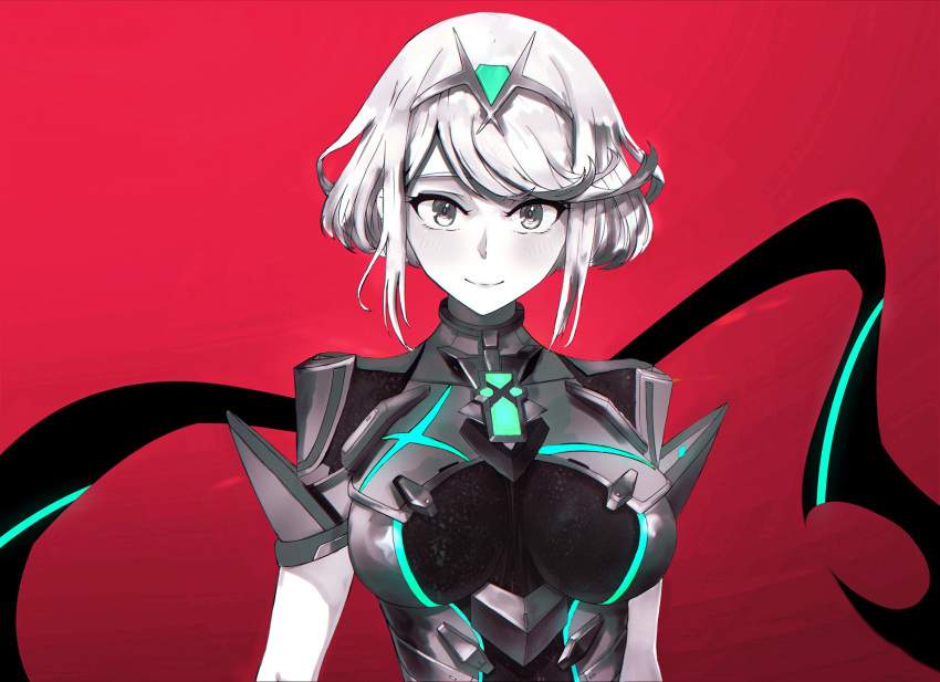 1girl blush breasts earrings hair_ornament highres pyra_(xenoblade) jewelry large_breasts looking_at_viewer monochrome murasaki_saki short_hair simple_background smile solo tiara xenoblade xenoblade_2