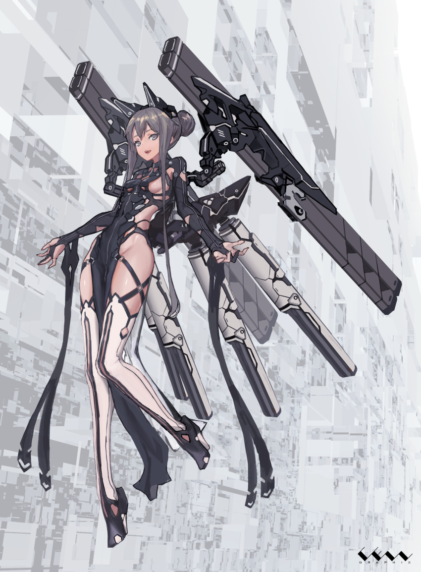 1girl black_eyes black_hair breasts cancell elbow_gloves gloves headgear highres mecha_musume medium_breasts open_mouth original pelvic_curtain science_fiction short_hair_with_long_locks solo thigh-highs under_boob