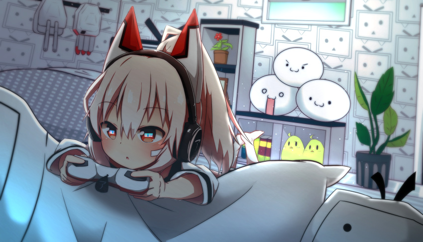 1girl :3 :o animal_ears ayanami_(azur_lane) azur_lane bangs barefoot blush cannon closed_mouth controller eye_reflection eyebrows_visible_through_hair flower game_controller hair_between_eyes headphones high_ponytail highres holding idaten93 indoors light_brown_hair long_hair looking_away lying niconico on_stomach parted_lips pillow plant playing_games ponytail potted_plant red_eyes red_flower reflection shirt shoboon solo terebi-chan turret v-shaped_eyebrows white_shirt
