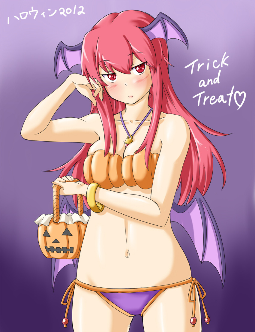 alternate_costume bare_shoulders basket bikini blush breasts cleavage collarbone commentary_request cowboy_shot eyebrows_visible_through_hair halloween hand_on_own_cheek heart highres jack-o'-lantern jewelry koakuma light_smile long_hair looking_at_viewer low_wings navel necklace panties purple_background rabinidaddo red_eyes redhead side-tie_panties simple_background slit_pupils swimsuit touhou trick_or_treat underwear wings