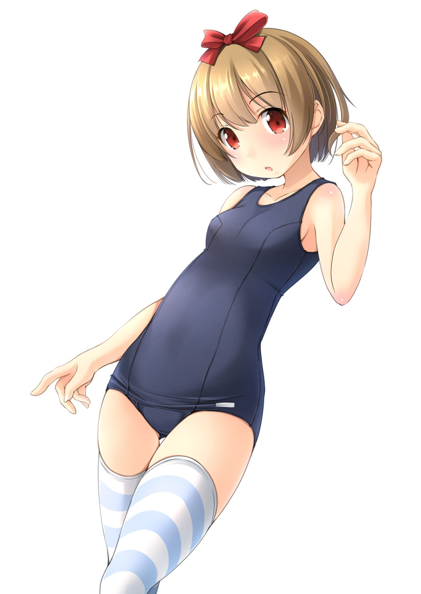 1girl blue_swimsuit brown_eyes brown_hair cowboy_shot hair_ribbon highres looking_at_viewer one-piece_swimsuit original red_ribbon ribbon school_swimsuit shibacha_(shibacha_0728) short_hair simple_background solo striped striped_legwear swimsuit thigh-highs white_background white_legwear