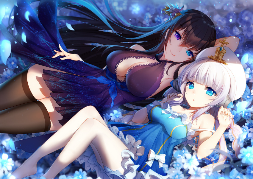 2girls :o arm_behind_head bangs bent_knees bison_cangshu black_hair black_legwear blue_eyes blunt_bangs blurry breasts cleavage copyright_request depth_of_field dress eyebrows_visible_through_hair flower frilled_dress frills hair_between_eyes heterochromia highres large_breasts long_hair looking_at_viewer lying multiple_girls open_mouth petals strap_slip tongue tongue_out violet_eyes white_hair