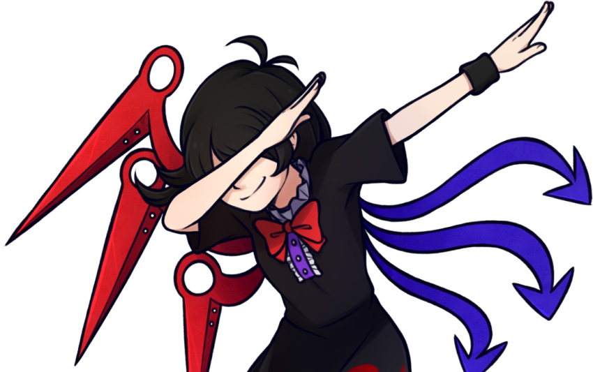 1girl antenna_hair asymmetrical_wings black_dress black_hair bow bowtie dab_(dance) dress frills houjuu_nue medium_hair red_bow red_neckwear short_sleeves smile solo speckticuls tagme touhou transparent_background wings wristband