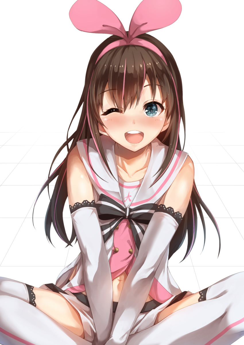 1girl ;d a.i._channel bangs bare_shoulders black_bow blue_eyes blush bow brown_hair collarbone detached_sleeves double-breasted eyebrows_visible_through_hair feet_out_of_frame hairband highres indian_style kizuna_ai konkito lace lace-trimmed_thighhighs long_hair long_sleeves looking_at_viewer miniskirt navel one_eye_closed open_mouth pink_hair pink_hairband round_teeth school_uniform serafuku simple_background sitting skirt smile solo spread_legs straight_hair teeth thigh-highs tile_floor tiles two_side_up v_arms white_background white_legwear white_skirt