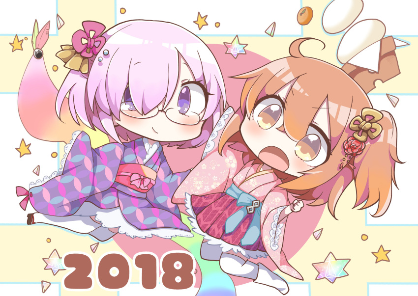 2018 2girls :o absurdres blush boots chibi closed_mouth commentary_request eyebrows_visible_through_hair fate/grand_order fate_(series) food fruit fujimaru_ritsuka_(female) glasses hair_between_eyes hair_over_one_eye high-waist_skirt highres jacket jako_(jakoo21) japanese_clothes kimono long_sleeves mandarin_orange mash_kyrielight mochi multiple_girls new_year obi one_side_up open_mouth orange_hair pink_jacket purple_hair purple_kimono saint_quartz sash short_hair skirt sleeves_past_fingers smile star thigh-highs violet_eyes wagashi white_footwear white_legwear wide_sleeves