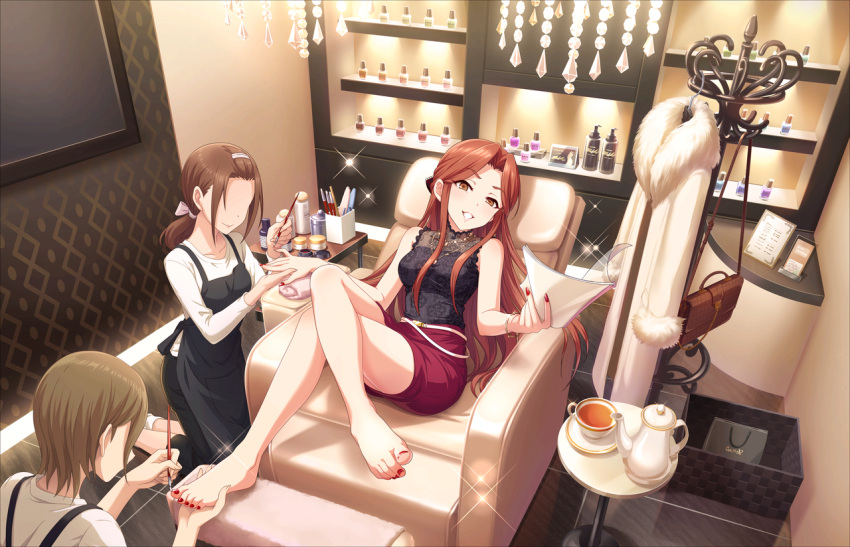 3girls artist_request bag bare_shoulders barefoot belt bow bracelet breasts brown_eyes chandelier clothes_hanger coat_removed cosmetics cup faceless faceless_female feet fingernails foot_hold hair_bow hands_on_feet holding idolmaster idolmaster_cinderella_girls indoors jewelry kneeling legs_crossed long_fingernails long_hair looking_at_viewer manicure medium_breasts multiple_girls nail_polish nail_polish_bottle necklace official_art open_mouth painting_nails pedicure pencil_skirt plate red_nails redhead sitting skirt sleeveless smile table tea teacup teapot toenails toes zaizen_tokiko