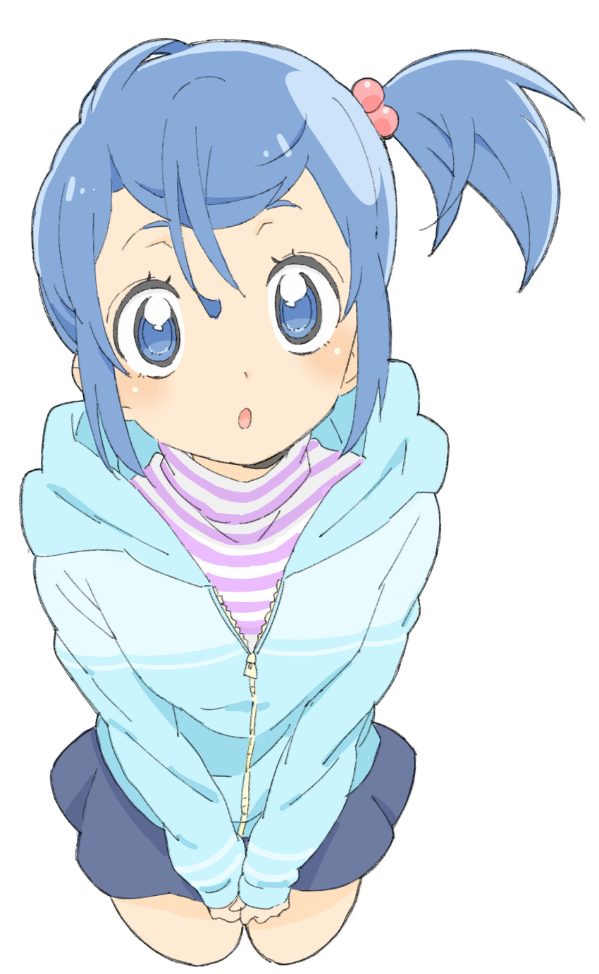 1girl :o absurdres bangs blue_eyes blue_hair blue_skirt blush cropped_legs donguri_suzume hair_bobbles hair_ornament highres hood hood_down hoodie long_sleeves original purple_sweater short_hair side_ponytail simple_background skirt solo standing striped striped_sweater sweater white_background