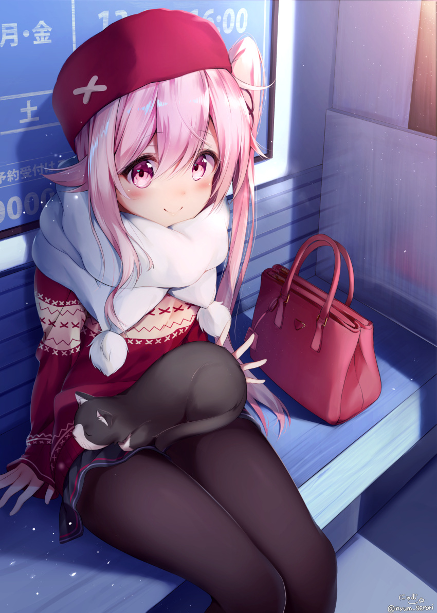 1girl alternate_costume animal artist_name bag black_cat black_legwear black_skirt board cat cat_on_lap hair_between_eyes hair_flaps harusame_(kantai_collection) hat highres kantai_collection long_hair long_sleeves looking_at_viewer nyum pantyhose pink_eyes pink_hair red_eyes red_hat red_sweater scarf side_ponytail sitting skirt smile solo sweater twitter_username unsinkable_sam white_scarf