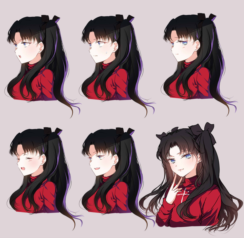 ayumi_(xiwu) black_ribbon blue_eyes blush closed_eyes cropped_torso fate/stay_night fate_(series) finger_to_chin grey_background hair_ribbon highres long_hair low_twintails multiple_views open_mouth ribbon smile sweat tohsaka_rin turtleneck twintails
