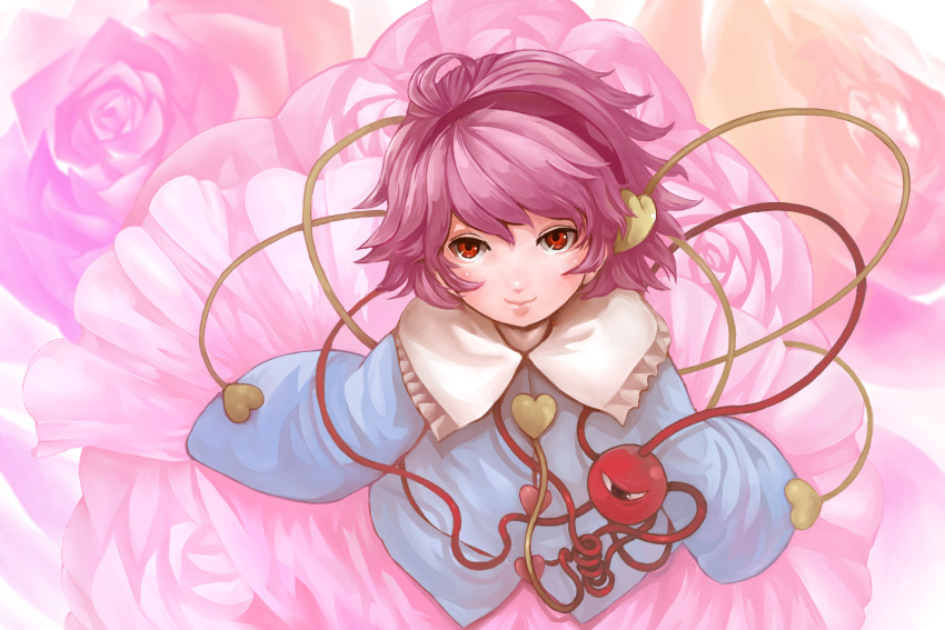 1girl eyeball flower headband heart heart_of_string komeiji_satori long_sleeves looking_at_viewer ma_nyan_(nyao_mao_nyao) pink_flower pink_hair pink_rose pink_skirt red_eyes rose skirt smile third_eye touhou wide_sleeves