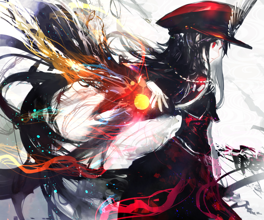 1girl bangs black_hair cape energy energy_ball facing_away family_crest fate/grand_order fate_(series) floating_hair from_side gloves hat highres koha-ace kusakanmuri long_hair long_sleeves looking_away looking_back low-tied_long_hair military military_hat military_uniform oda_nobunaga_(fate) oda_uri peaked_cap red_cape red_eyes red_hat solo uniform very_long_hair white_gloves white_skin