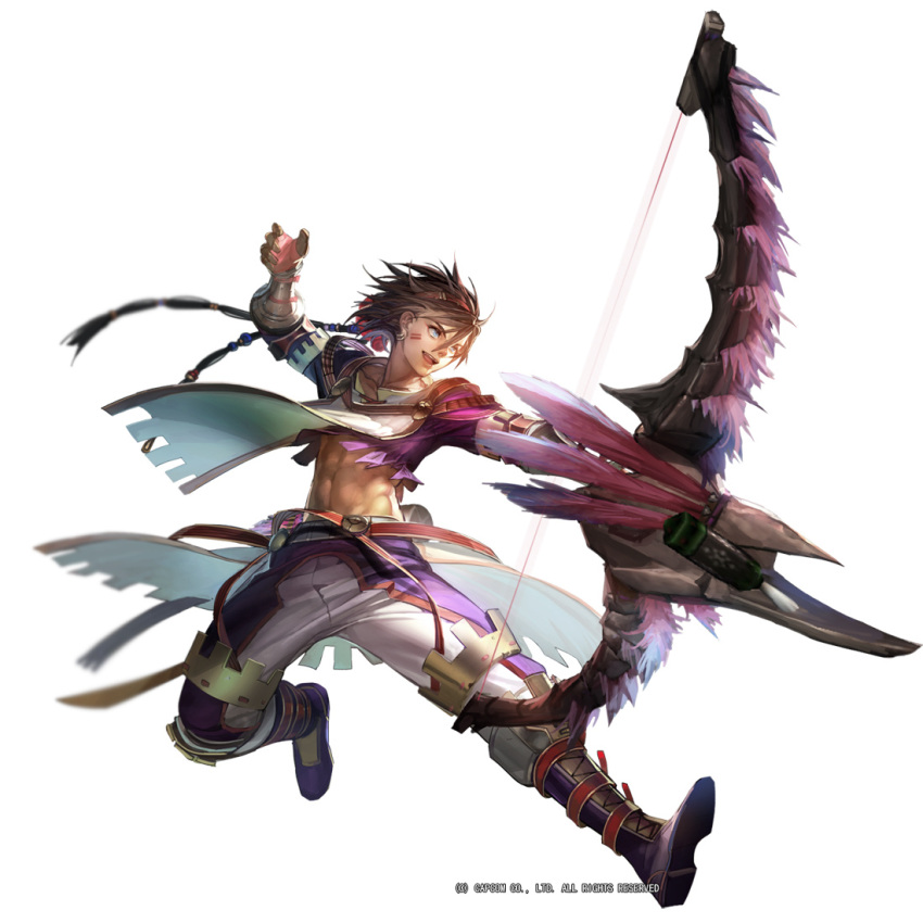 1boy :d abs blue_eyes boots bow_(weapon) brown_hair earrings facial_mark feathers full_body gauntlets holding holding_weapon jewelry jumping liduke long_hair male_focus monster_hunter navel official_art open_mouth pants purple_footwear shirt simple_background smile solo tabard watermark weapon white_background wind wind_lift