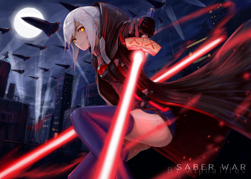 2girls artoria_pendragon_(all) city energy_sword english excalibur fate/grand_order fate_(series) glowing glowing_eyes lightsaber looking_at_viewer moon multiple_girls mysterious_heroine_x mysterious_heroine_x_(alter) night silver_hair space_craft spotlight sword weapon yellow_eyes