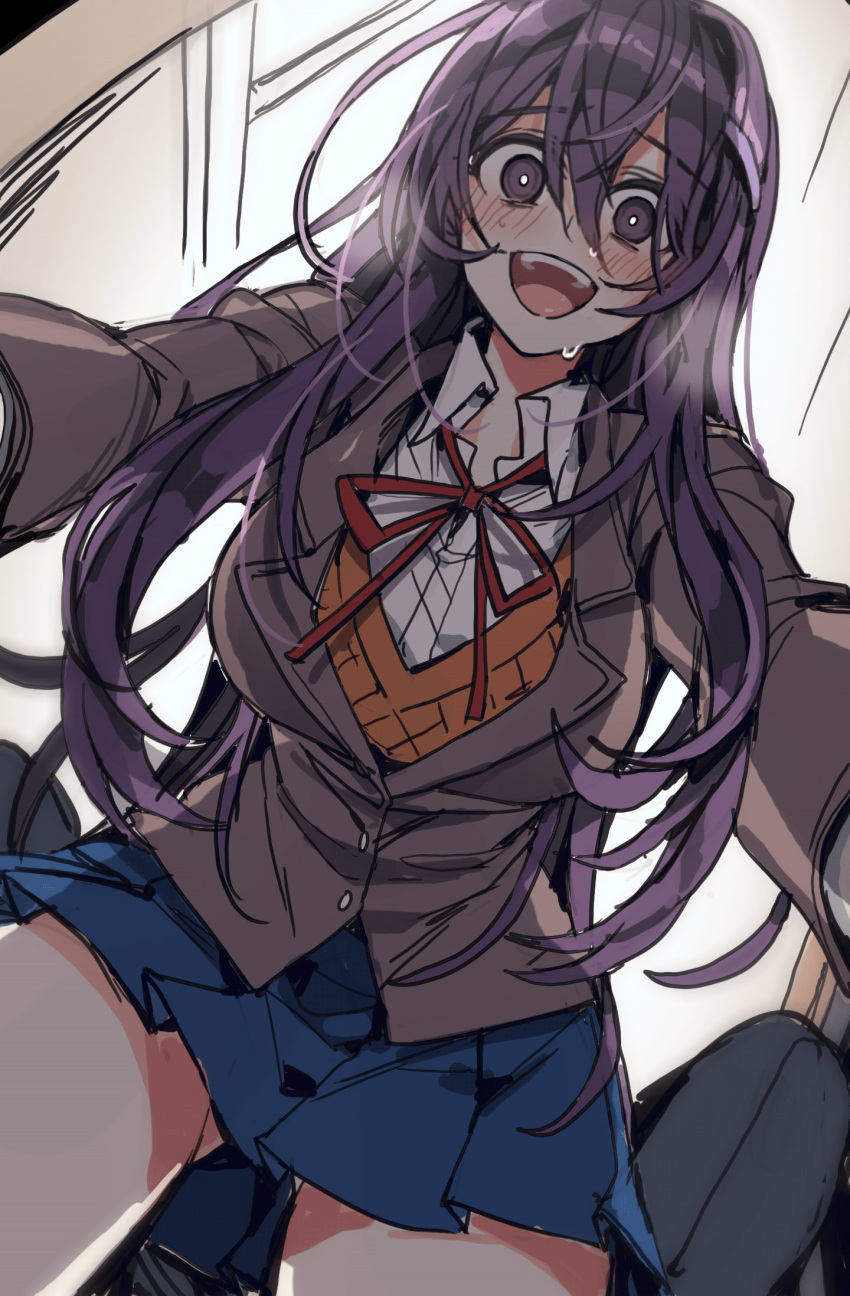 1girl :d ass_visible_through_thighs bangs blue_skirt blush breasts buttons collared_shirt commentary_request cowboy_shot doki_doki_literature_club eyebrows_visible_through_hair hair_between_eyes highres large_breasts long_hair looking_at_viewer miniskirt neck_ribbon open_mouth pleated_skirt purple_hair red_ribbon ribbon school_uniform shirt sidelocks skirt smile solo_focus sweat thighs violet_eyes white_shirt yandere yuri_(doki_doki_literature_club)