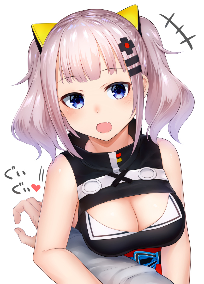 +++ 1girl :d absurdres akky_(akimi1127) arm_hug bangs bare_shoulders black_dress blue_eyes blush breasts cleavage cleavage_cutout commentary_request dress eyebrows_visible_through_hair fang hair_ornament hairclip heart highres kaguya_luna kaguya_luna_(character) large_breasts long_sleeves looking_at_viewer obi open_mouth sash sidelocks silver_hair simple_background sleeveless sleeveless_dress smile solo_focus sweat twintails white_background