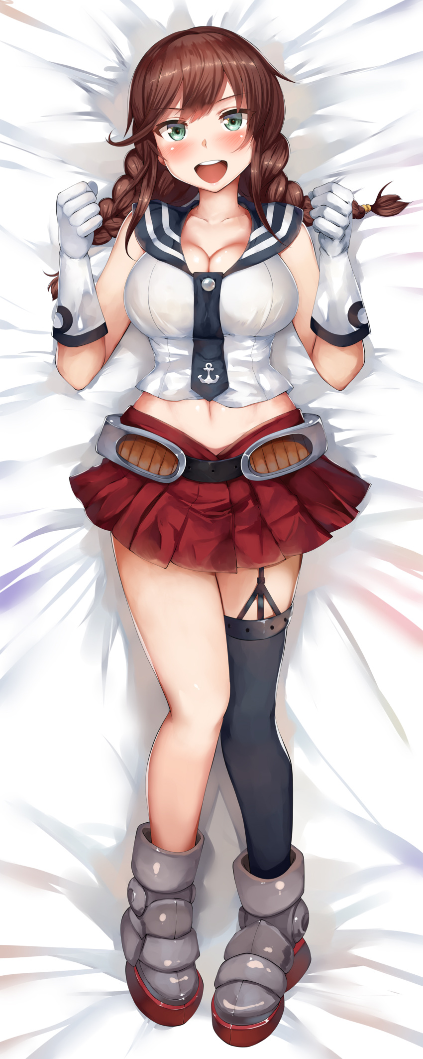 1girl :d absurdres ankle_boots bed_sheet belt blue_neckwear blue_sailor_collar boots braid breasts brown_hair cleavage commentary_request crop_top dakimakura eyebrows_visible_through_hair full_body garter_straps gloves green_eyes grey_footwear hands_up highres kantai_collection large_breasts lolicept looking_at_viewer lying miniskirt navel necktie noshiro_(kantai_collection) on_back on_bed open_mouth pleated_skirt purple_legwear red_skirt sailor_collar school_uniform serafuku single_thighhigh skirt smile solo thigh-highs twin_braids white_gloves