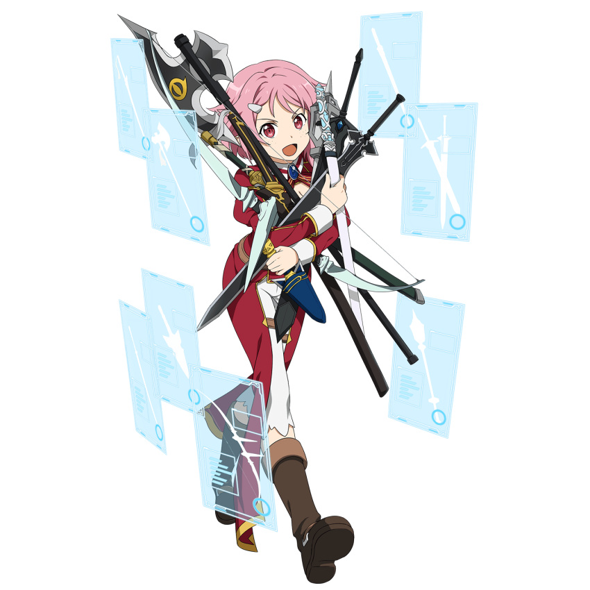 boots full_body hair_ornament hairclip highres holding holding_axe holding_sword holding_weapon interface lisbeth long_sleeves mace official_art open_mouth pink_eyes pink_hair red_eyes short_hair sword sword_art_online too_many transparent_background weapon