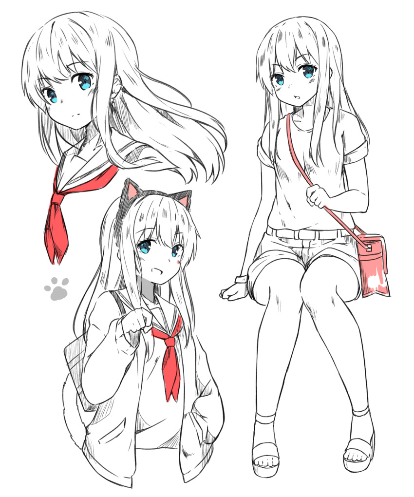 1girl animal_ears blue_eyes blush cat_ears character_request copyright_request fake_animal_ears hand_in_pocket hey_xander highres long_hair looking_at_viewer multiple_views partially_colored paw_pose paw_print school_uniform serafuku shorts simple_background sitting smile solo white_background