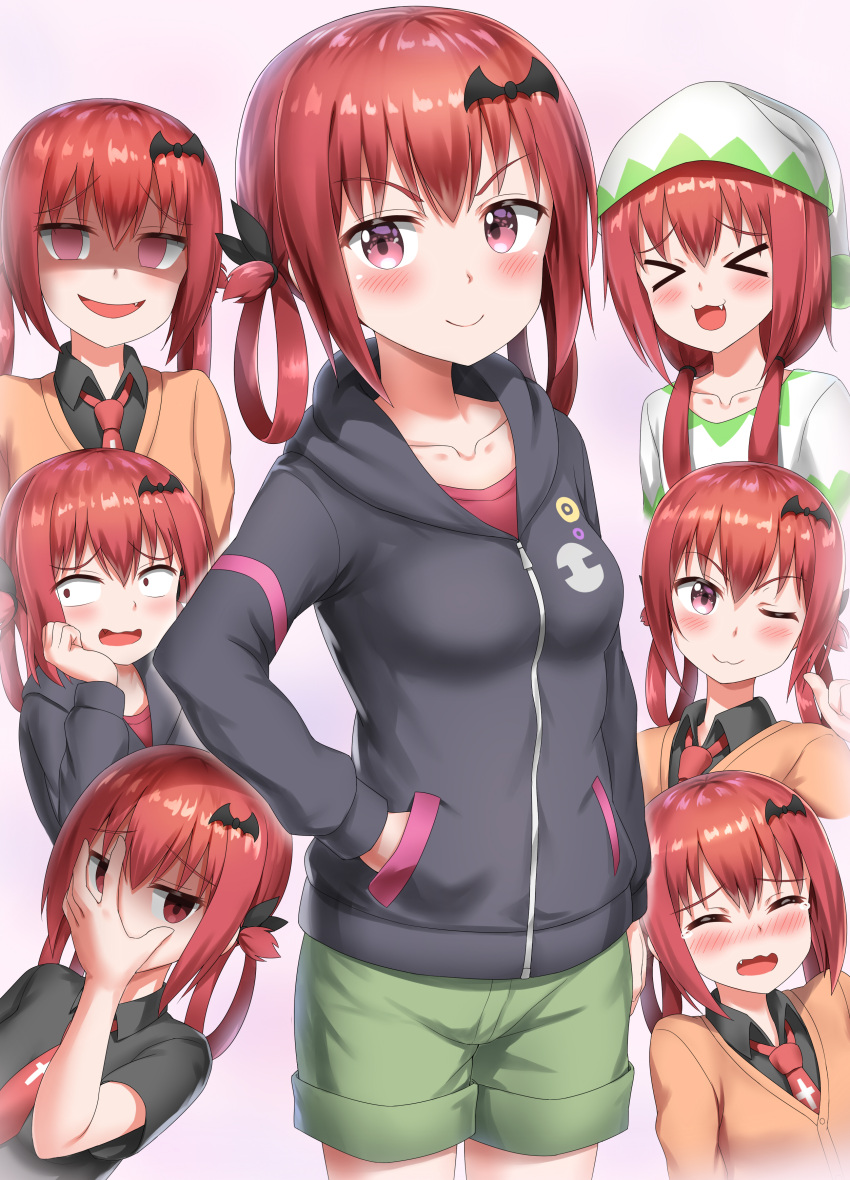 &gt;:) &gt;_&lt; 1girl :3 :d ;3 absurdres arm_at_side bat black_jacket black_ribbon black_shirt blush breasts casual closed_mouth collarbone collared_shirt covering_face cowboy_shot embarrassed empty_eyes eyebrows_visible_through_hair fang gabriel_dropout green_shorts hair_ribbon hand_in_pocket hand_on_own_cheek head_scarf highres jacket kurumizawa_satanichia_mcdowell long_sleeves looking_at_viewer looking_away looking_to_the_side medium_breasts multiple_views necktie nedia_(nedia_region) nose_blush open_mouth pink_background pointing pointing_at_self raised_eyebrows red_neckwear ribbon sanpaku school_uniform shaded_face shiny shiny_hair shirt short_sleeves shorts simple_background small_breasts smile smug standing tareme tears upper_body v-shaped_eyebrows wing_collar zipper