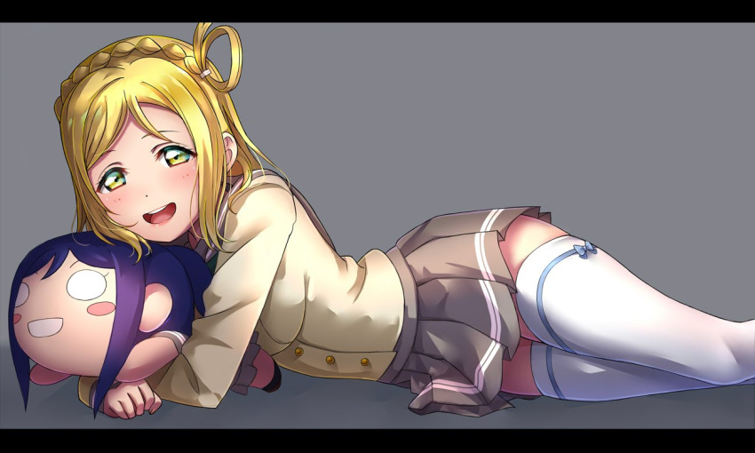 1girl blonde_hair braid crown_braid hair_rings love_live! love_live!_sunshine!! matsuura_kanan nesoberi ohara_mari smile thigh-highs uranohoshi_school_uniform usamaru67pi white_legwear yellow_eyes