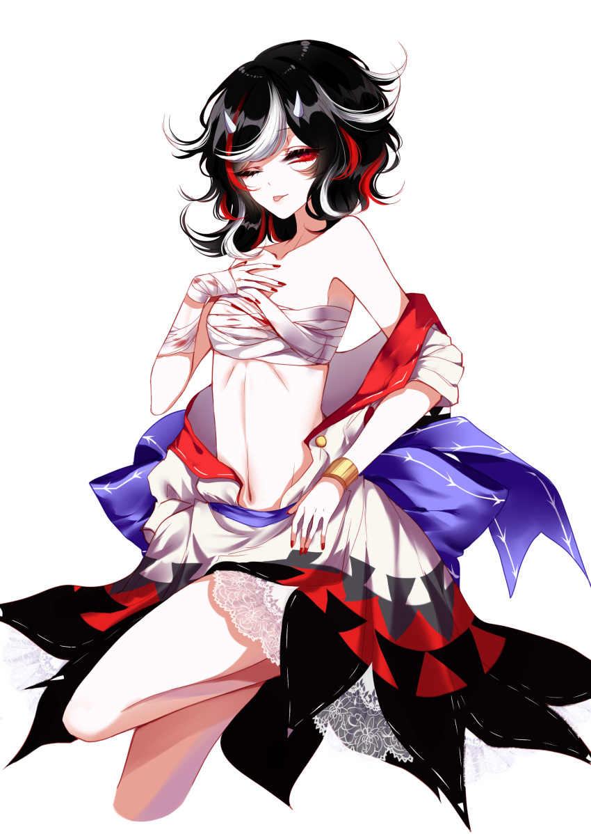 1girl absurdres bandage bare_shoulders black_hair bracelet breasts collarbone dress hand_on_own_chest highres jewelry kijin_seija looking_at_viewer medium_hair midriff nail_polish off_shoulder one_eye_closed red_eyes red_nails redhead sarashi sheya simple_background small_breasts tongue tongue_out touhou white_background white_hair