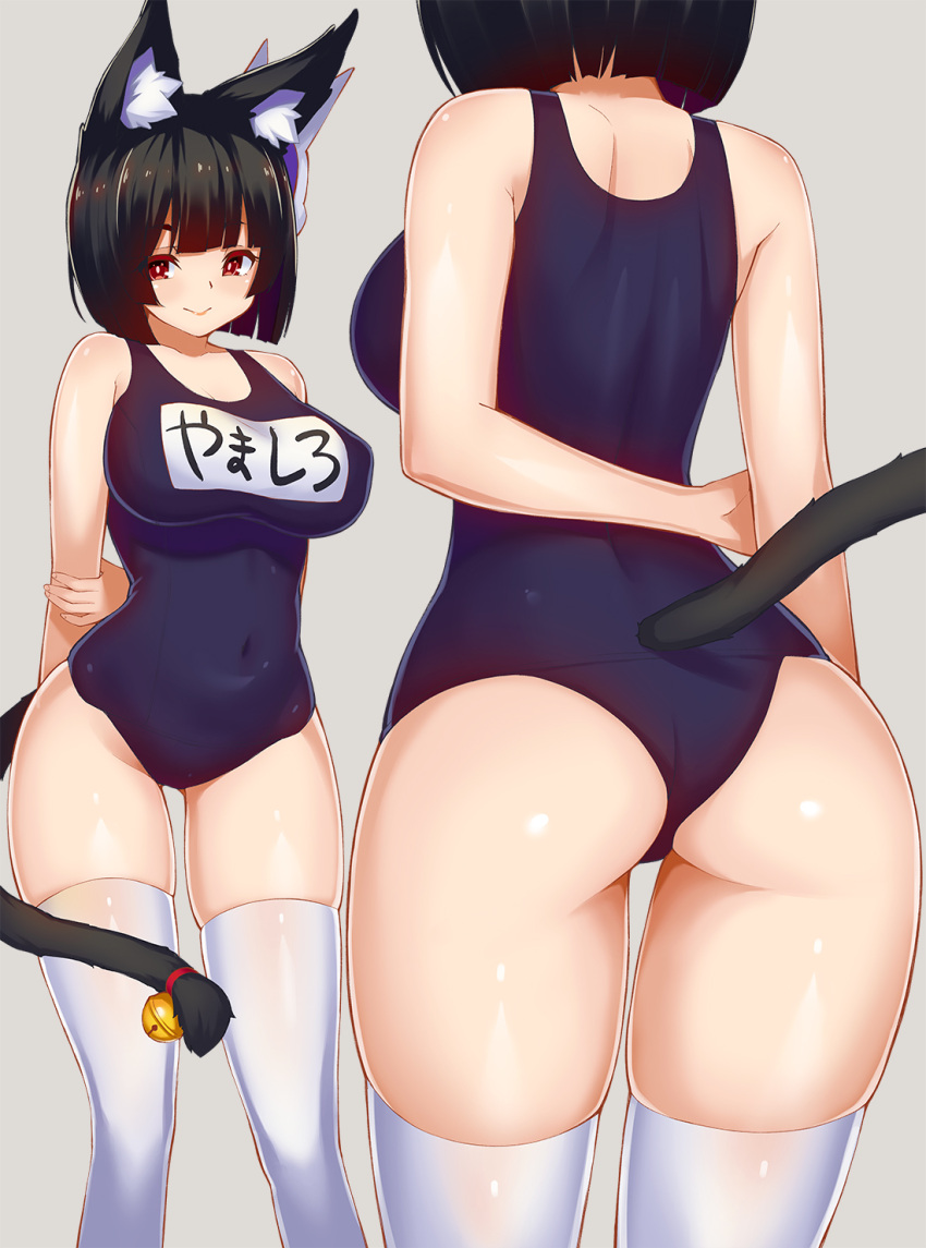 1girl animal_ears arm_behind_back ass azur_lane bell black_hair breasts closed_mouth covered_navel from_behind grey_background highres large_breasts mask mask_on_head one-piece_swimsuit red_eyes school_swimsuit short_hair sideboob simple_background smile solo standing swimsuit tail tail_bell tear_tear0320 thigh-highs white_legwear yamashiro_(azur_lane)