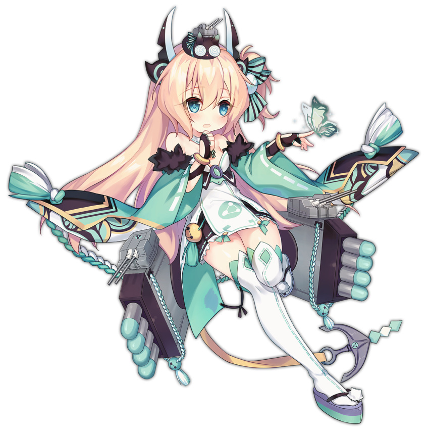 1girl azur_lane black_skirt blonde_hair blue_eyes butterfly detached_sleeves eyebrows_visible_through_hair eyes_visible_through_hair full_body fur_trim geta highres horns long_hair long_sleeves miniskirt object_on_head official_art pleated_skirt prison remodel_(azur_lane) simple_background skirt solo tachi-e tanikaze_(azur_lane) thigh-highs transparent_background