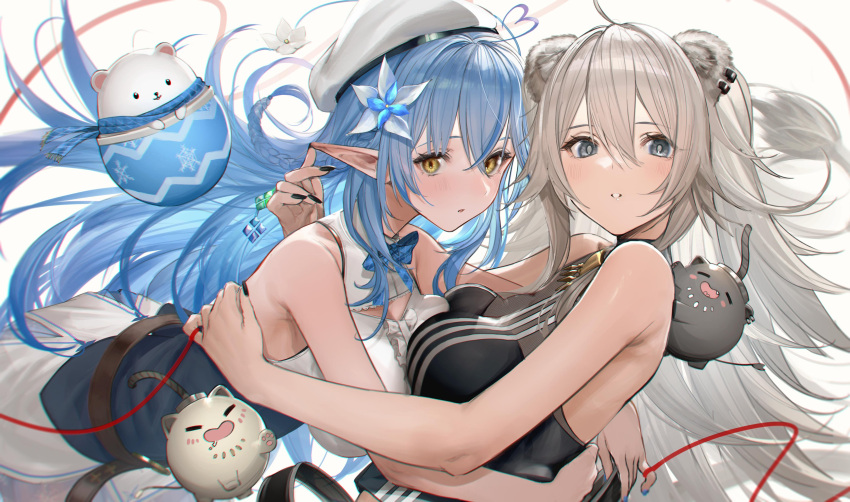 2girls :o =_= absurdres ahoge animal_ear_fluff animal_ears bangs beret black_nails blue_hair blush daifuku_(yukihana_lamy) ear_piercing elf flower grey_eyes grey_hair hair_flower hair_ornament hat heart_hair highres hololive hug lion_ears lion_girl long_pointy_ears looking_at_viewer multiple_girls open_mouth piercing pointy_ears shishiro_botan ssrb string string_of_fate takubon virtual_youtuber white_flower white_headwear yellow_eyes yukihana_lamy yuri