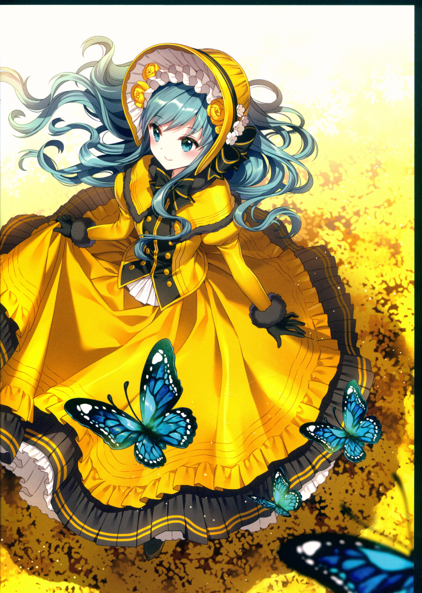 1girl absurdres bangs black_gloves blue_eyes blush bow bowtie butterfly buttons capelet dress eyebrows_visible_through_hair frills fur_trim gloves green_hair headdress highres holding holding_skirt huge_filesize juliet_sleeves long_dress long_hair long_sleeves looking_away nardack original puffy_sleeves solo yellow_dress