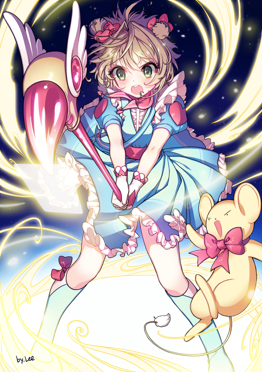 1girl absurdres blue_dress brown_hair card card_captor_sakura dress frilled_dress frills gloves green_eyes hair_ornament hair_ribbon highres holding holding_wand kangyui kero kinomoto_sakura magic magical_girl open_mouth red_ribbon ribbon short_hair wand white_gloves