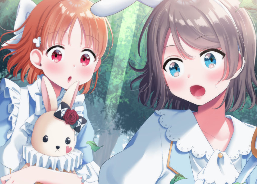 2girls :o alice_in_wonderland animal_ears apron ascot bangs blue_eyes bow clover_hair_ornament flower frilled_apron frills grey_hair hair_bow hair_ornament heart highres hina_(hinalovesugita) love_live! love_live!_sunshine!! multiple_girls neck_ruff orange_hair rabbit_ears red_eyes rose short_hair stuffed_animal stuffed_bunny stuffed_toy sweatdrop takami_chika upper_body watanabe_you white_bow white_neckwear