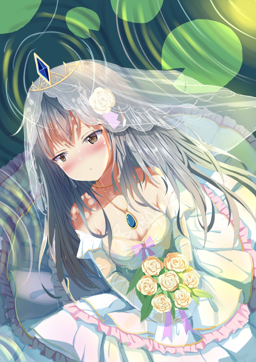 1girl absurdres blush bouquet bow bow_dress breasts bridal_veil cleavage closed_mouth collarbone crossed_bangs detached_sleeves dress elbow_gloves eyebrows_visible_through_hair eyes_visible_through_hair flower frilled_dress frilled_sleeves frills g11_(girls_frontline) girls_frontline gloves hair_flower hair_ornament half-closed_eyes highres holding holding_bouquet jewelry lily_pad long_hair looking_away medium_breasts natsuki_(digretking) necklace pendant reflection ribbon ripples rose rose_in_hair sidelocks silver_hair standing standing_on_liquid tiara veil very_long_hair water wedding wedding_dress wet wet_clothes white_flower white_gloves white_rose