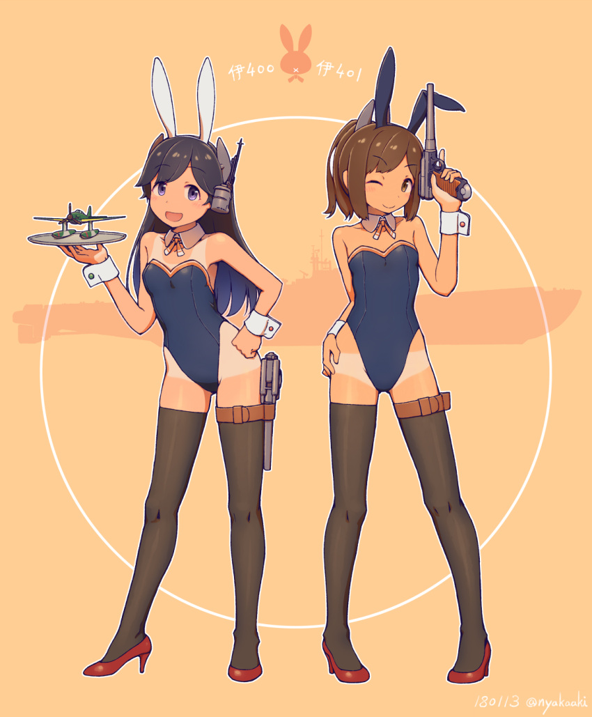 2girls animal_ears black_hair black_legwear blue_leotard brown_eyes brown_hair bunnysuit detached_collar full_body gun hand_on_hip headgear high_heels highres holding holding_gun holding_plate holding_weapon i-400_(kantai_collection) i-401_(kantai_collection) kantai_collection leotard long_hair multiple_girls mumyoudou one_eye_closed open_mouth plate rabbit_ears red_footwear seaplane short_ponytail smile standing strapless strapless_leotard tan tanline thigh-highs thigh_strap weapon wrist_cuffs