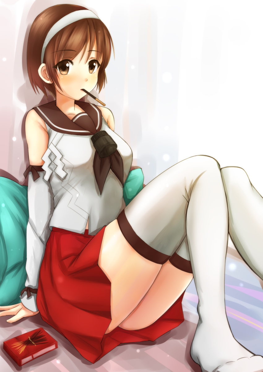 1girl absurdres bed box brown_eyes brown_hair detached_sleeves eating food hairband headband highres kantai_collection koru_pera mouth_hold natori_(kantai_collection) pillo pleated_skirt pocky school_uniform serafuku short_hair sitting skirt solo thigh-highs white_legwear