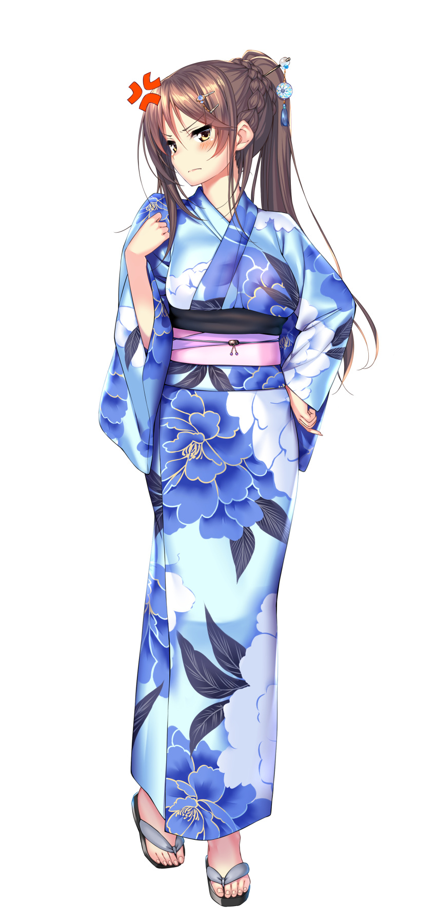 absurdres amakano_~second_season~ anger_vein blue_kimono blush braid brown_hair french_braid frown hair_ornament hairclip hairpin hand_on_hip high_ponytail highres ichinose_honami_(amakano) japanese_clothes kimono long_hair long_sleeves official_art piromizu sandals transparent_background