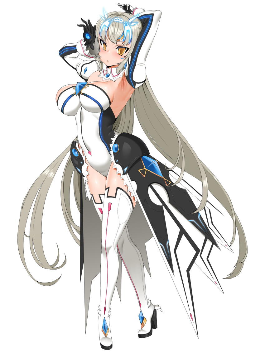 1girl absurdres armpits black_gloves boots breasts elsword eve_(elsword) full_body gloves grey_hair high_heels highres long_hair looking_at_viewer silver_hair smh1069 solo thigh-highs thigh_boots very_long_hair white_background white_legwear yellow_eyes