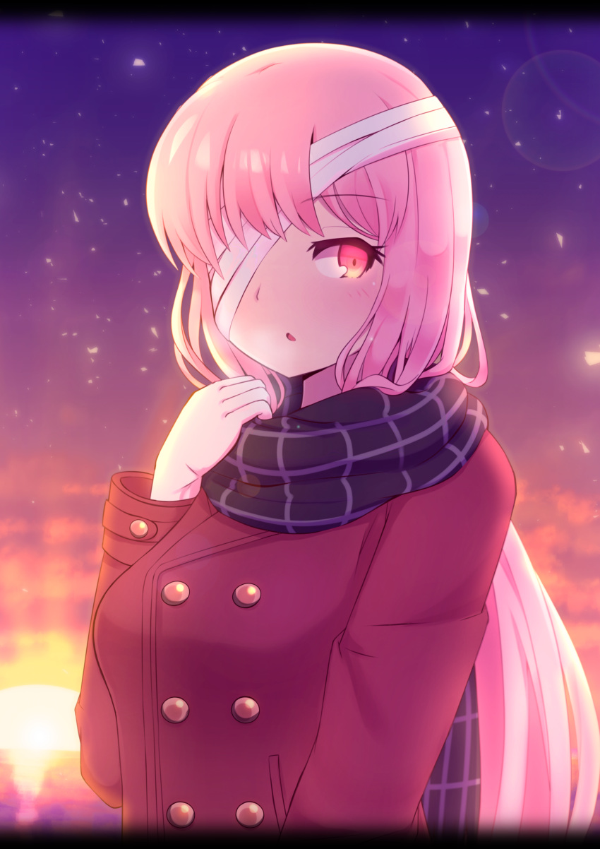 1girl :o absurdres alternate_costume backlighting bandage bandaged_head black_scarf blush breath casual clouds coat double-breasted enpera eyebrows_visible_through_hair fate/grand_order fate_(series) florence_nightingale_(fate/grand_order) gradient gradient_sky highres horizon lens_flare letterboxed light_particles long_hair long_sleeves looking_at_viewer ocean one_eye_covered open_mouth pink_eyes pink_hair red_coat scarf solo sunlight sunset upper_body yuya090602