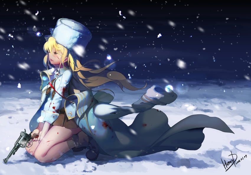 1girl bare_legs belt black_gloves black_legwear blonde_hair blood blood_on_face blood_on_leg bloody_clothes bloody_weapon boots brooch brown_belt brown_footwear brown_skirt buckle bullet_hole dated deep_wound fingerless_gloves floating_hair from_side full_body fur_hat fur_trim girls_frontline gloves gun hair_between_eyes half-closed_eyes hat henry_davis highres holding holding_gun holding_weapon holster injury jacket jacket_on_shoulders jewelry jumping kneeling long_sleeves nagant_m1895 nagant_revolver_(girls_frontline) night night_sky off_shoulder outdoors parted_lips pleated_skirt purple_ribbon red_eyes red_ribbon ribbon sad shirt signature skirt sky smile snow snowing solo somber thigh_strap torn_clothes ushanka weapon white_hat white_jacket white_shirt wind wind_lift