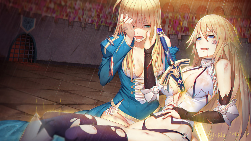 2018 2girls artoria_pendragon_(all) black_legwear black_panties blonde_hair blood blue_eyes breasts cleavage commentary_request dated excalibur fate_(series) green_eyes hand_on_another's_cheek hand_on_another's_face imminent_death impaled injury jeanne_d'arc_(fate) jeanne_d'arc_(fate)_(all) long_hair medium_breasts multiple_girls number o-ring_panties open_mouth panties rain saber side-tie_panties smile tears thigh-highs torn_clothes torn_thighhighs ttheyue underwear white_panties